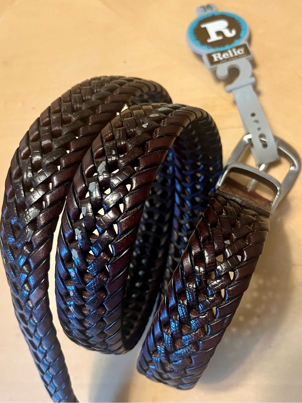NWT Relic Braided Leather Belt in Cognac Dark Brown size 36